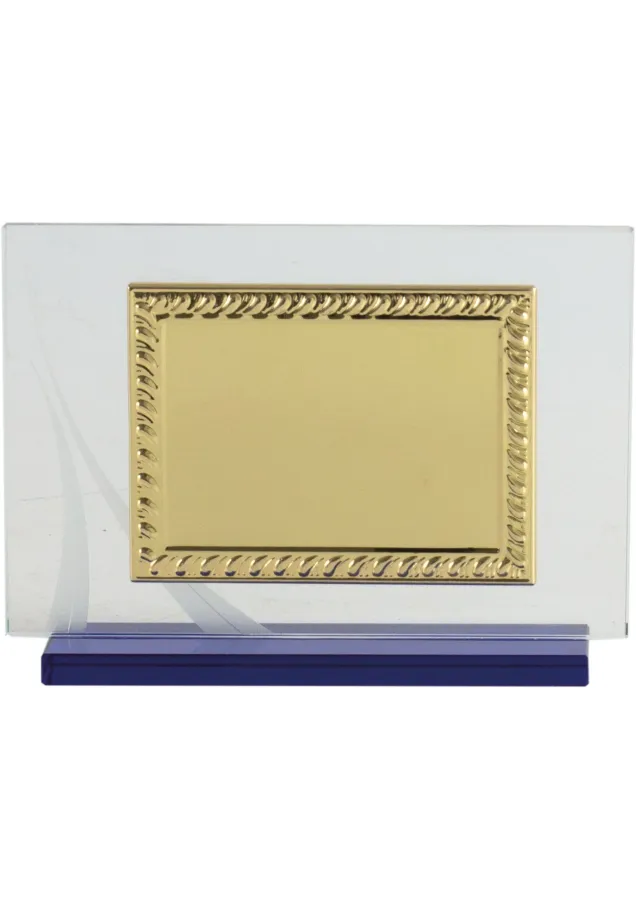 Placa homenaje cristal en forma rectangular marco labrado dorado y columna plateada en el lateral