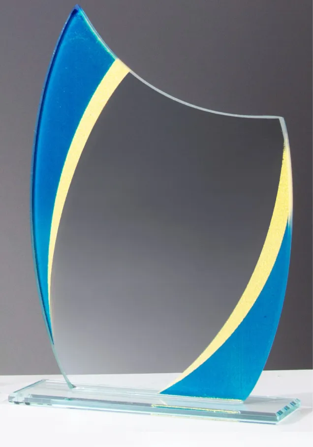 Trofeo de Cristal con Diseño Onda Azul y Amarillo
