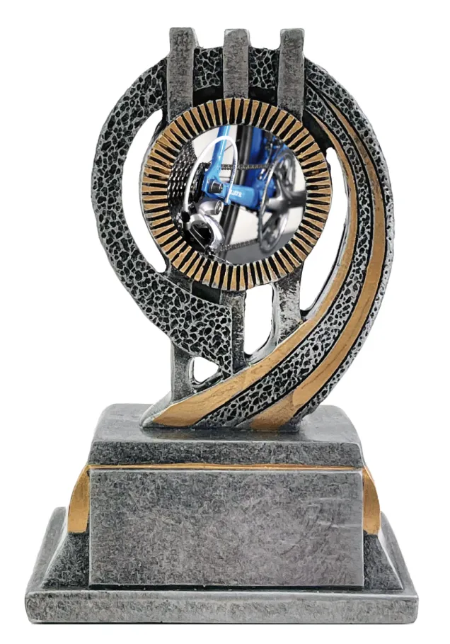 Trofeo de Ciclismo Elegante en Resina con Detalles en Oro y Plata – Premio Deportivo Personalizable